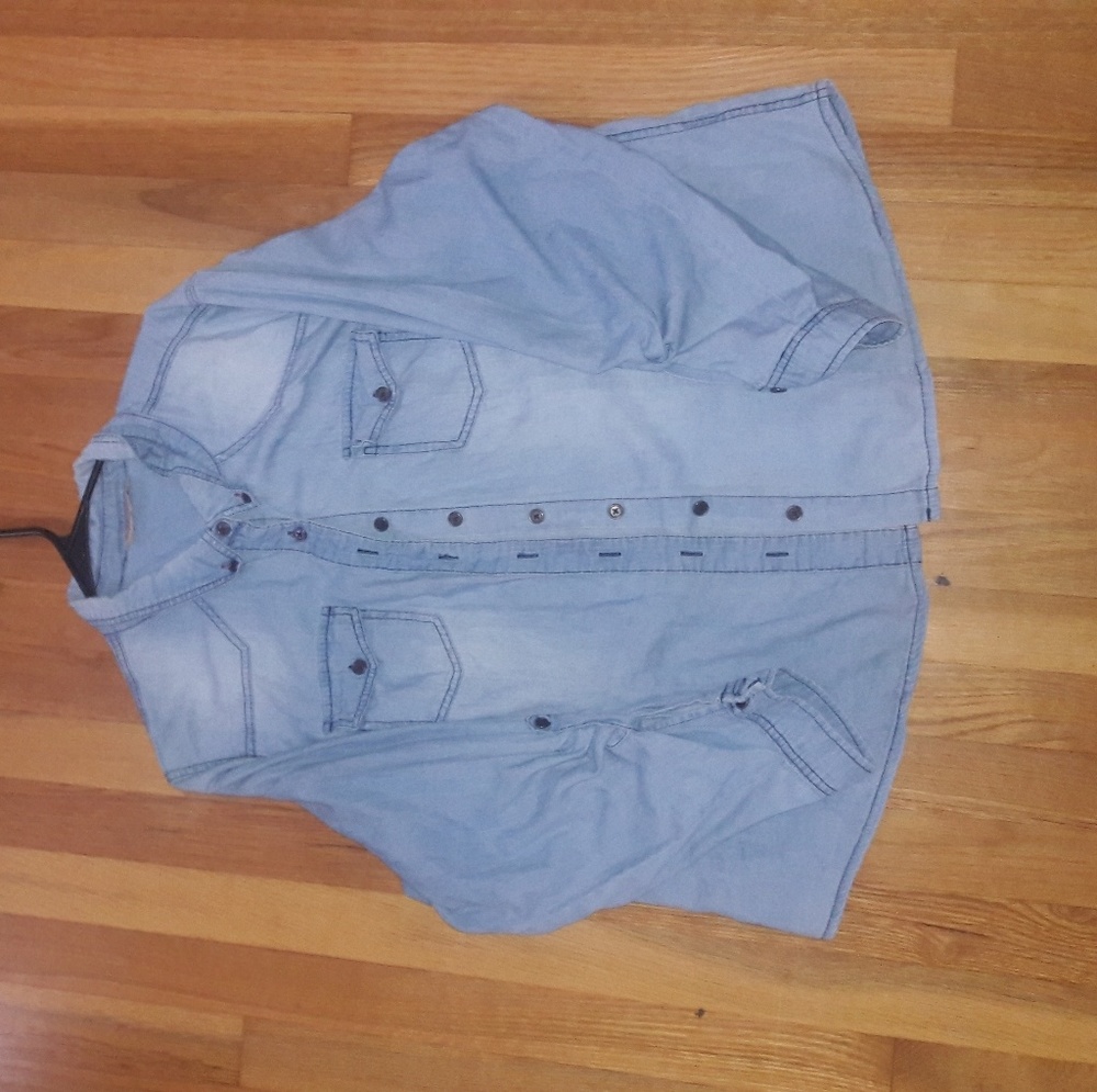 A button up plaid Jean shirt